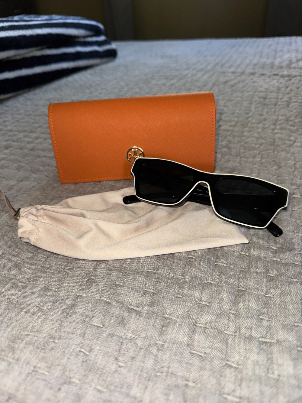 Tory Burch Black Sunglasses with White Trim and Orange Case